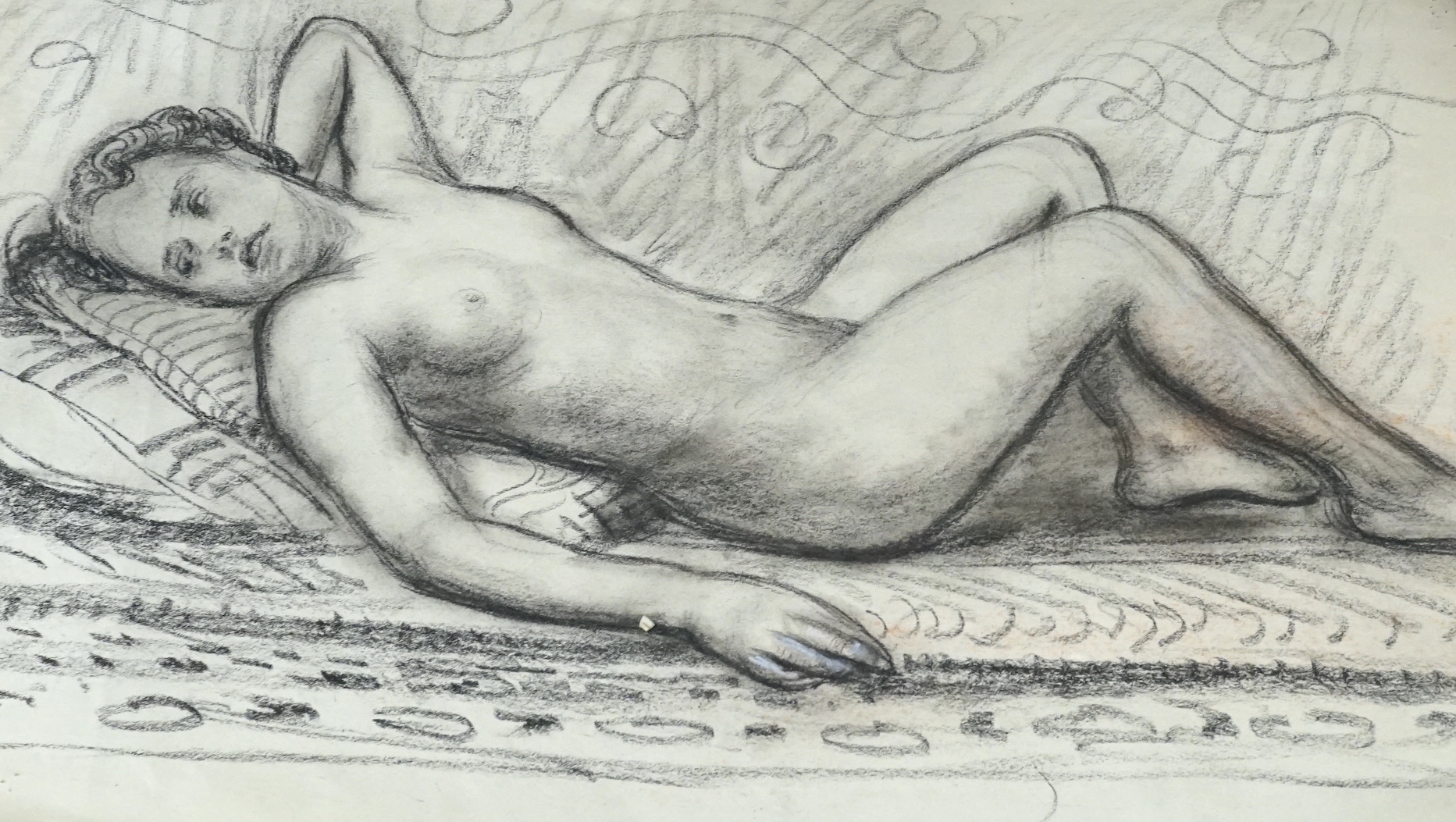Hubert Arthur Finney (1905-1991), three drawings and a lithograph, Nude studies and Doll on an armchair, some inscribed, largest 39 x 53cm, unframed